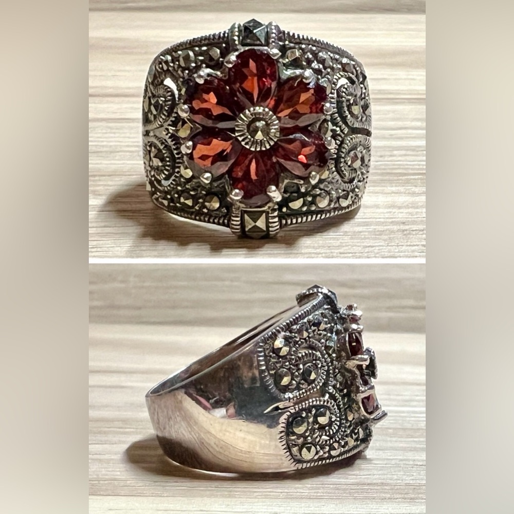 Vintage Designer CFJ Sterling Silver Garnet & Marcasite Flower Ring, Size 8